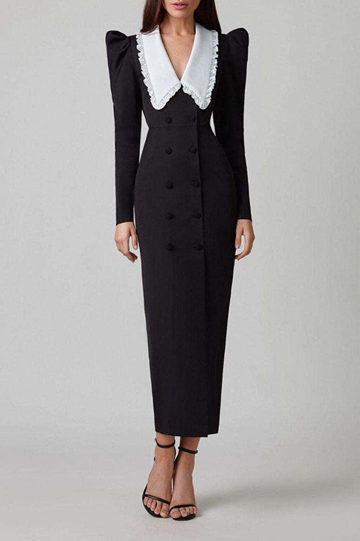 Black Swallow Neck Collision Color Long Sleeve Split Midi Dress