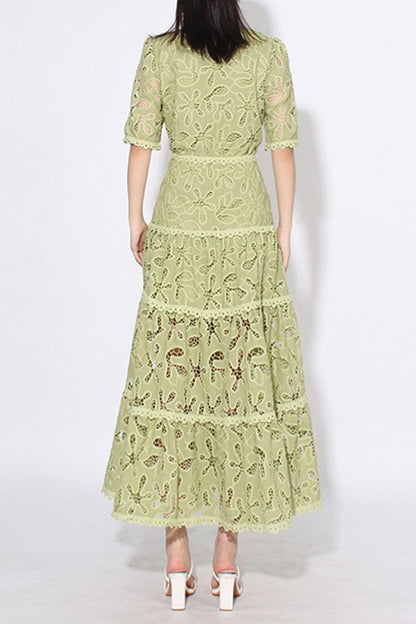 Embroidered Lace Midi Dress With Half Sleeves