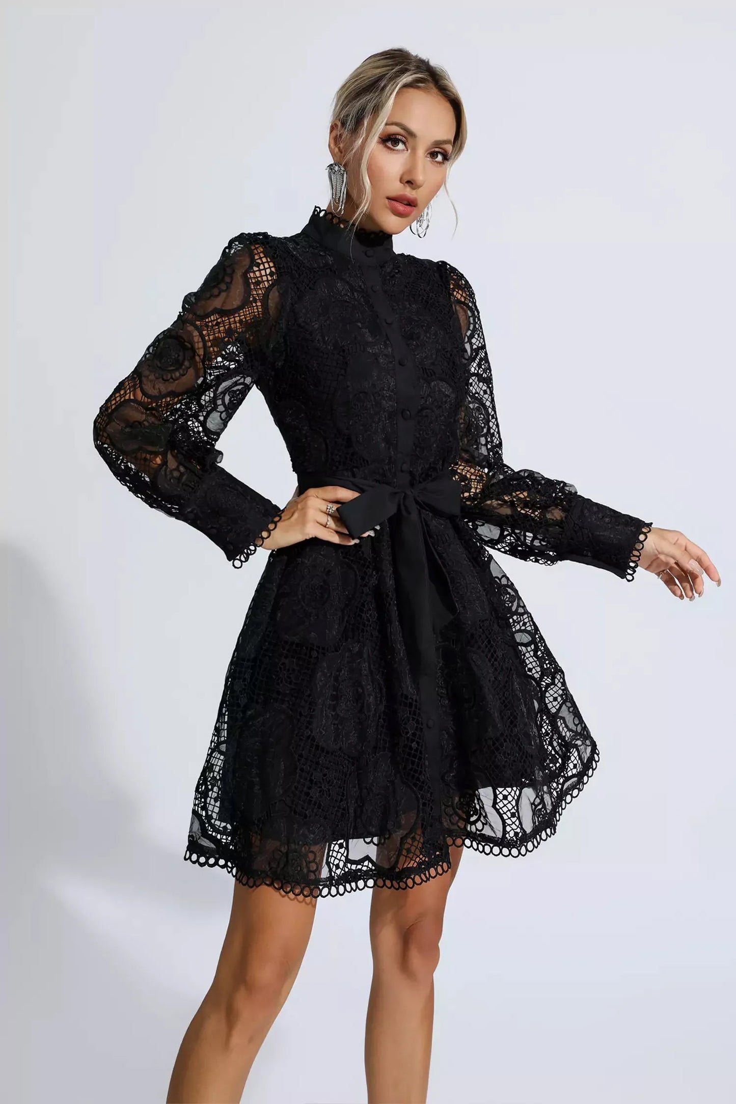 Black Lace Jacquard Mini Dress