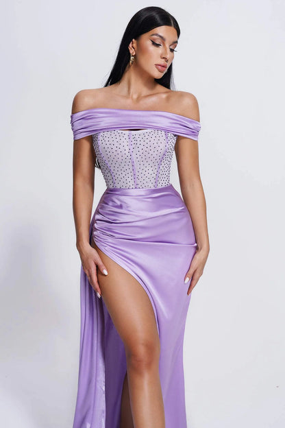 Purple High Slit Diamante Mesh Corset Satin Maxi Dress