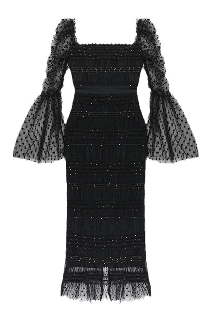 Black Square Neck Long Sleeve Lace Midi Dress