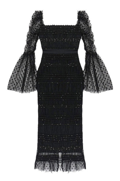 Black Square Neck Long Sleeve Lace Midi Dress