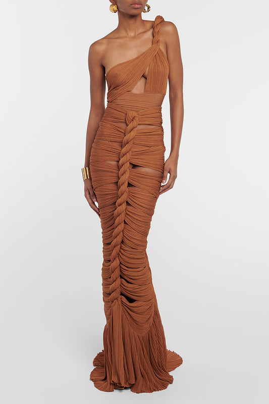 Brown Slant Shoulder Hollow Pressure Pleated Long Dress Set