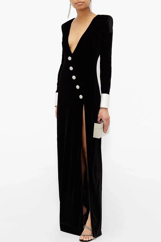 Black Long Sleeve V-Neck Slit Maxi Dress