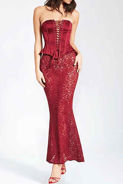 Red Sheath Lace-Up Hip Wrap Long Dress