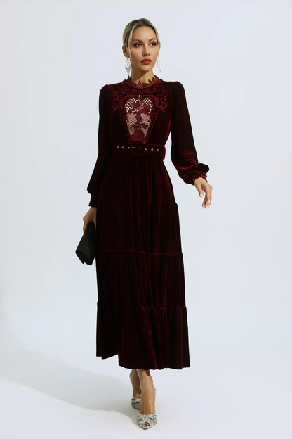 Wine Red Velvet Embroidered Maxi Dress