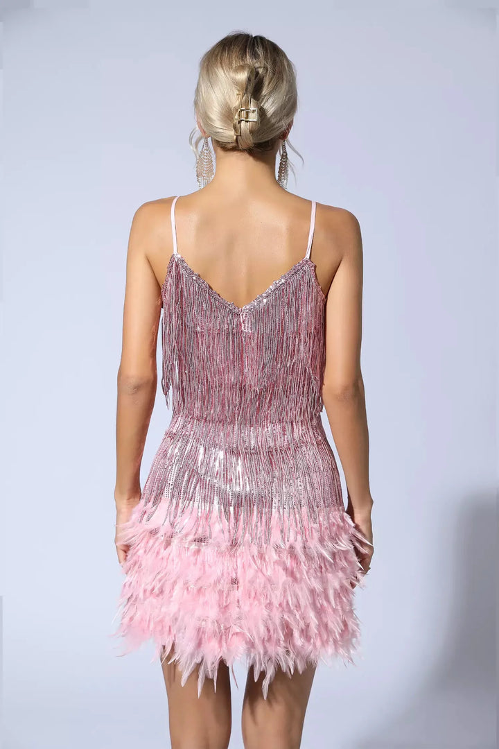 Pink Feather Tassel Sequin Mini Dress