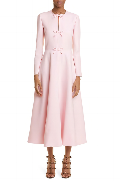 Pink Round Neck Long Sleeve Bow Long Dress