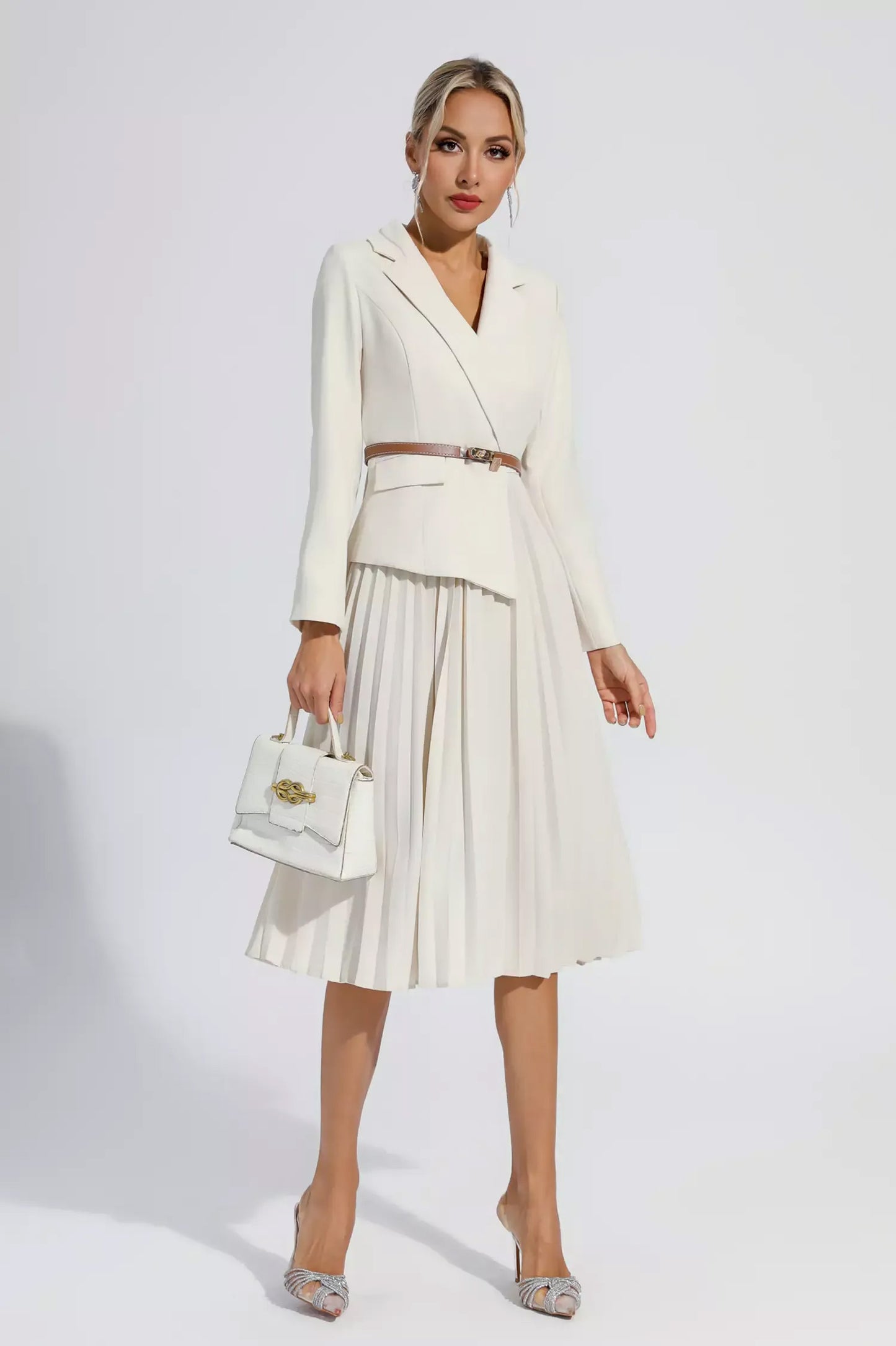 Beige Ruched Blazer Midi Dress