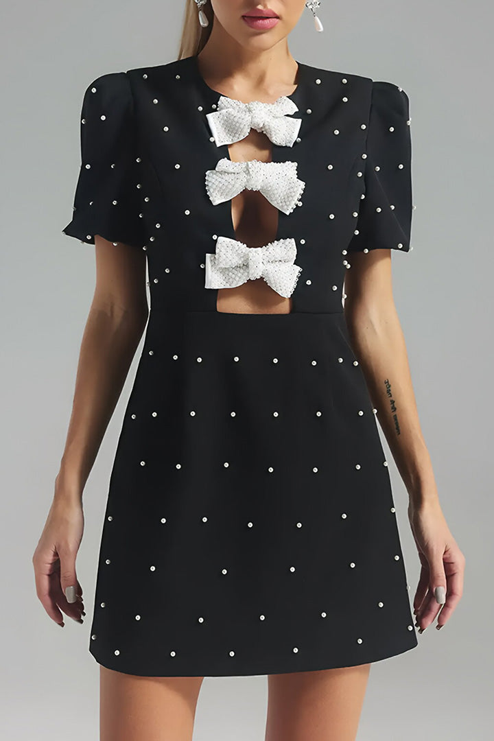 Black Bow Patchwork Rhinestone Mini Dress