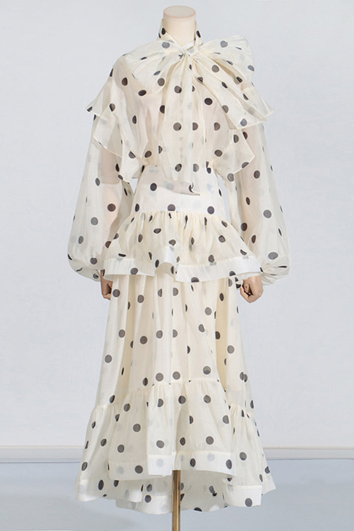 Apricot Ruffle Shirt Polka Dot Long Dress Set