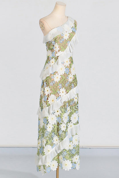 Green Slant Shoulder Floral Embroidered Maxi Dress