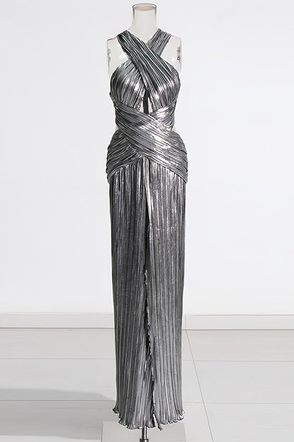 Silver Satin Cross Neck Long Dress