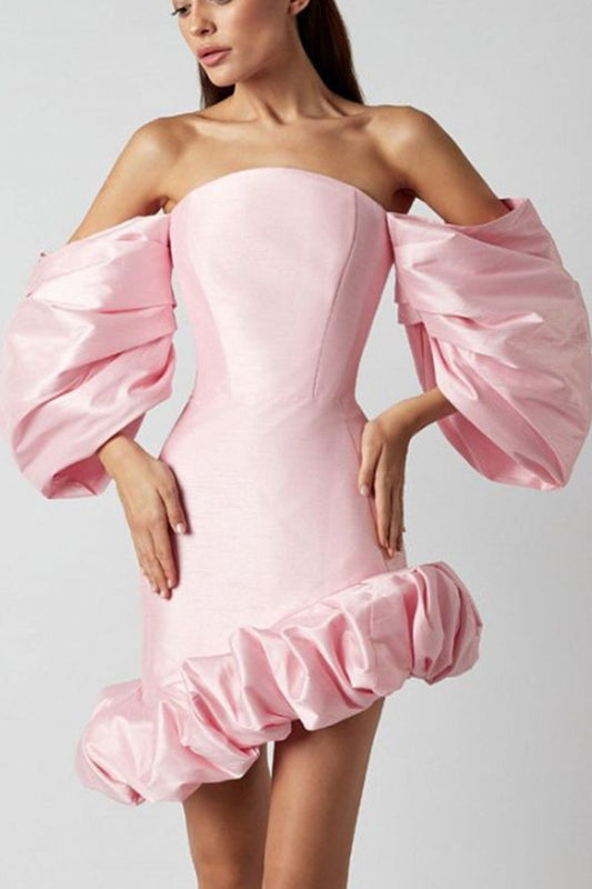 Pink Off Shoulder Lantern Sleeve Mini Dress