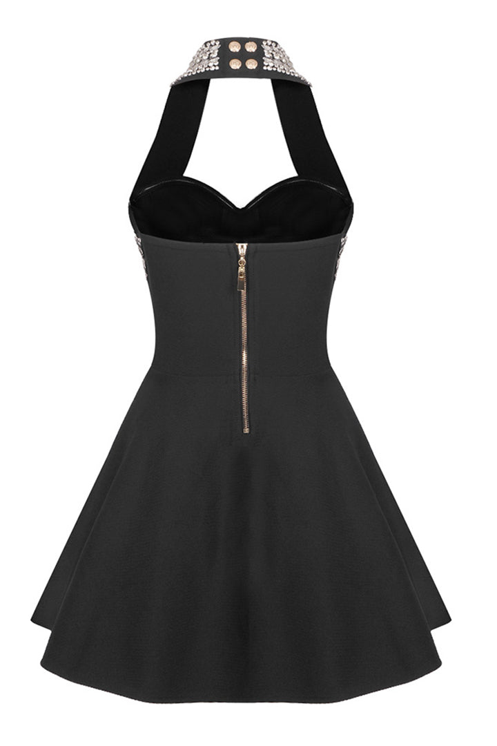 Black Sleeveless Heavy Beaded A-line Mini Dress