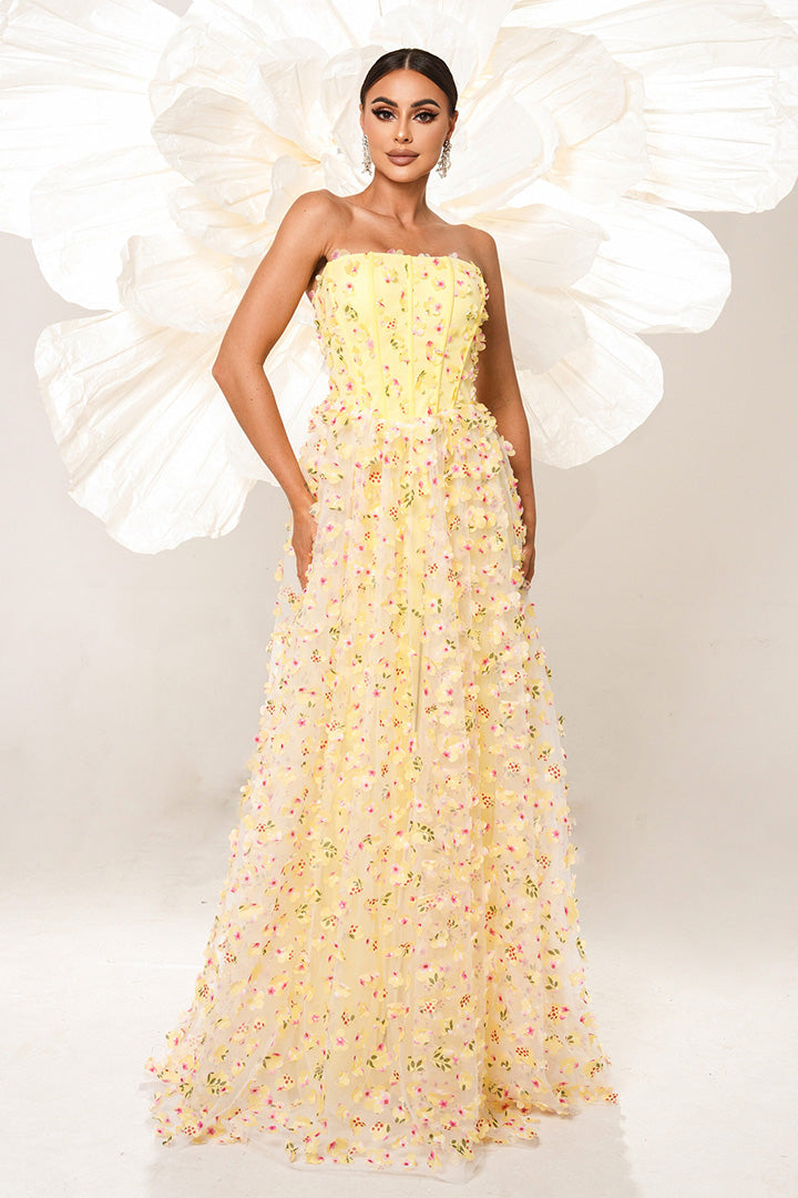 Yellow Strapless Floral Gown