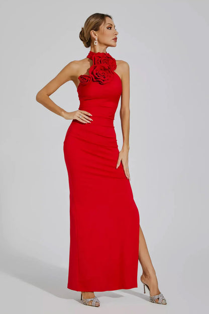 Red Floral Ruched Halter Maxi Dress