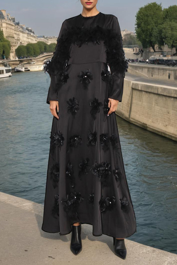 Black Long Sleeve Patchwork Feather Floral Maxi Dress