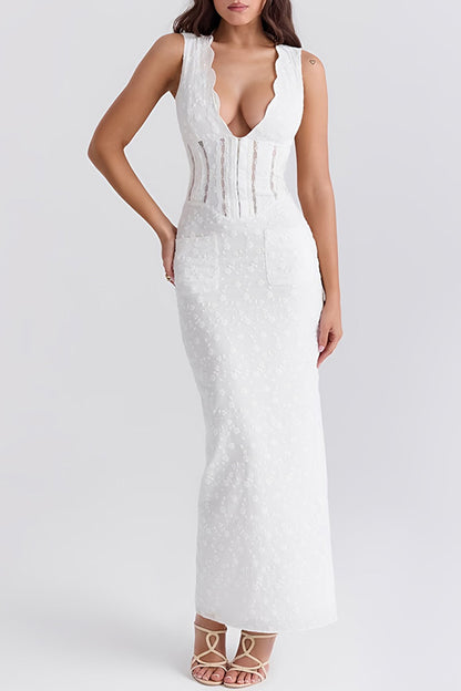 White Jacquard Hollow Deep V-Neck Long Dress