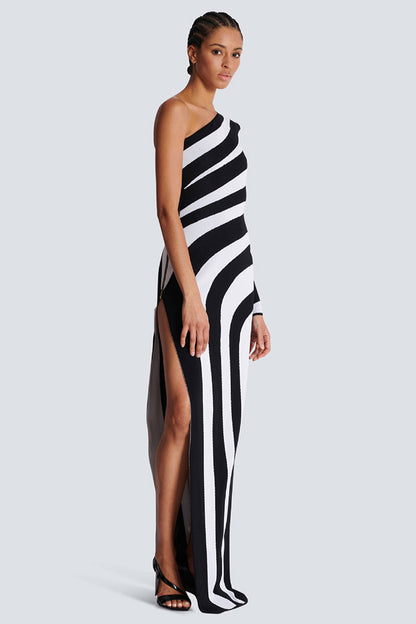 Black White Zebra Print One Shoulder Long Sleeve Dress