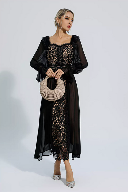 Black Floral Hollow Long Sleeve Dress