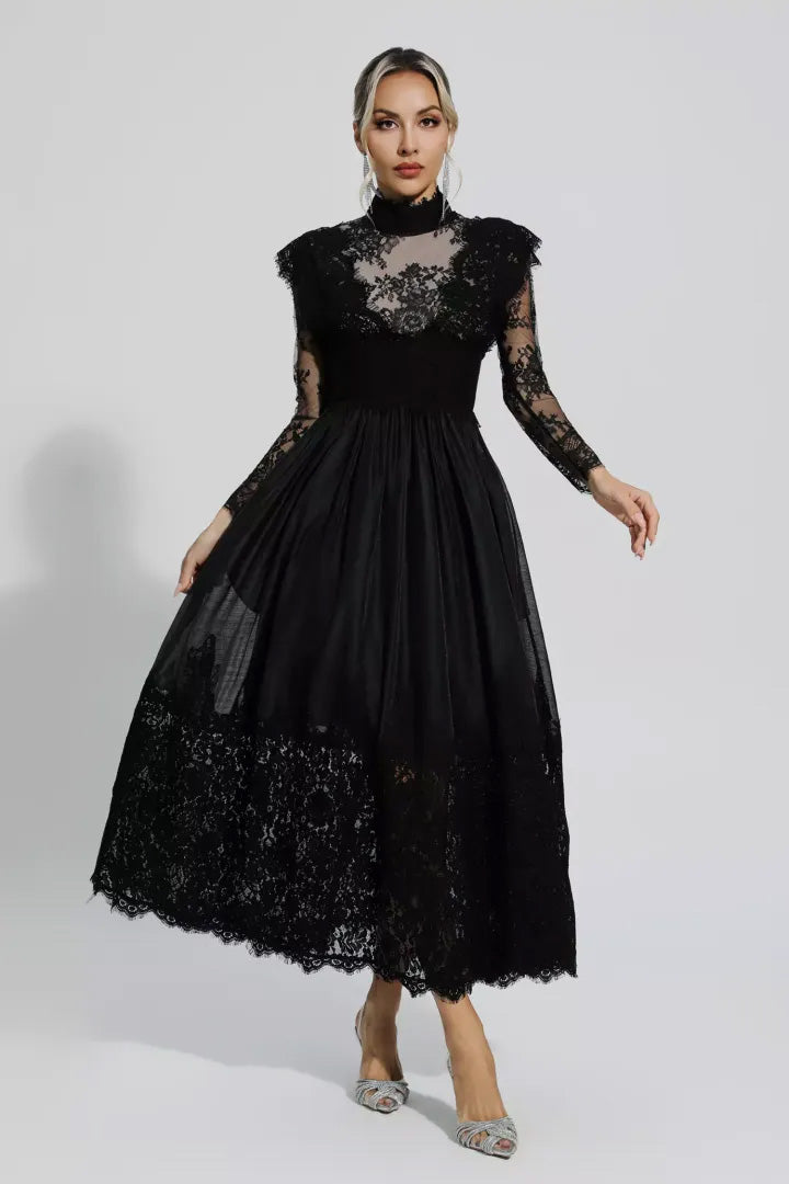 Black Floral Lace Stitching Long Sleeve Dress