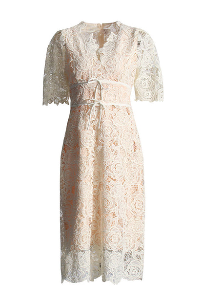 Apricot Elegant V Neck Lace Midi Dress