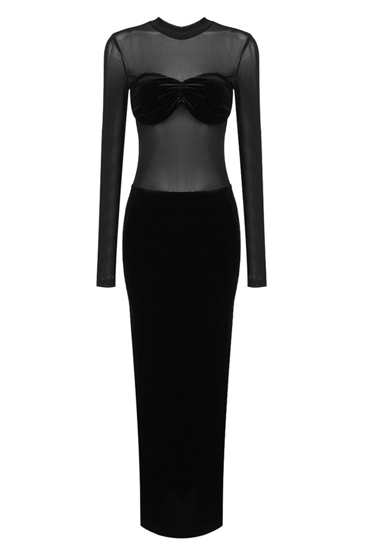 Black Long Sleeve Mesh Velvet Maxi Dress