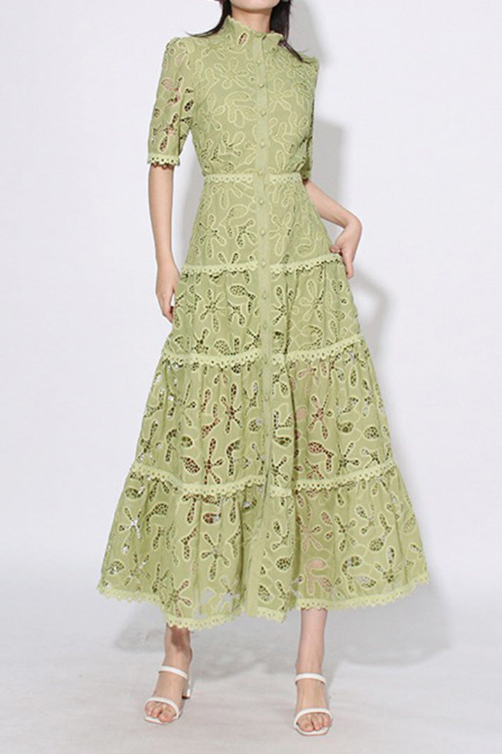 Embroidered Lace Midi Dress With Half Sleeves