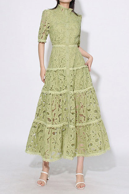 Embroidered Lace Midi Dress With Half Sleeves