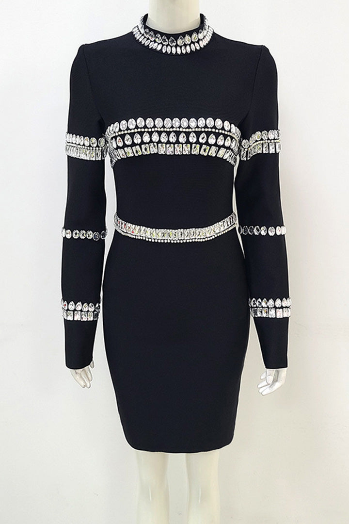 Black Rhinestone Bandage Mini Dress