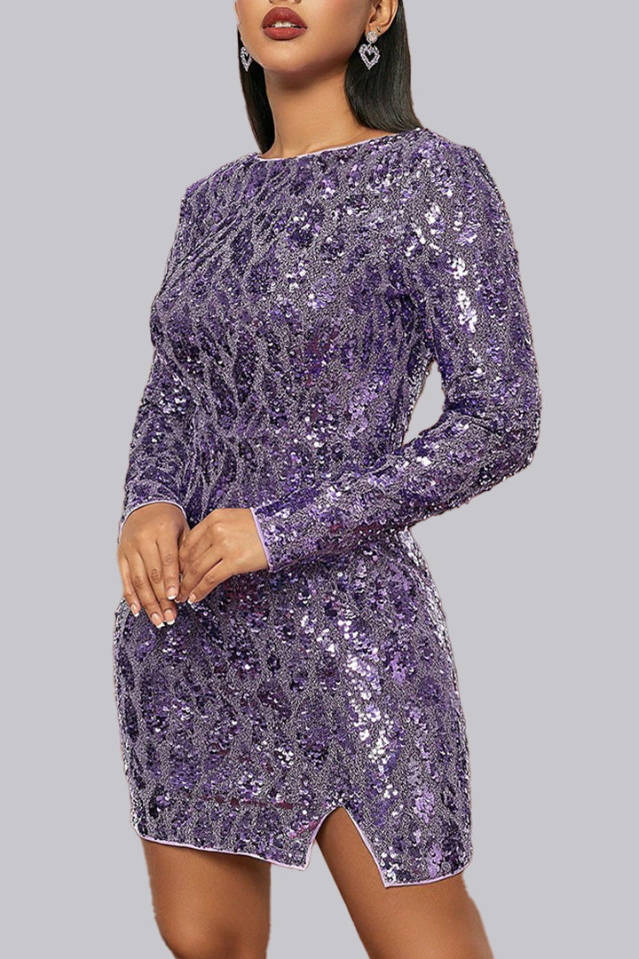 Purple Long Sleeved Velvet Sequined Mini Dress