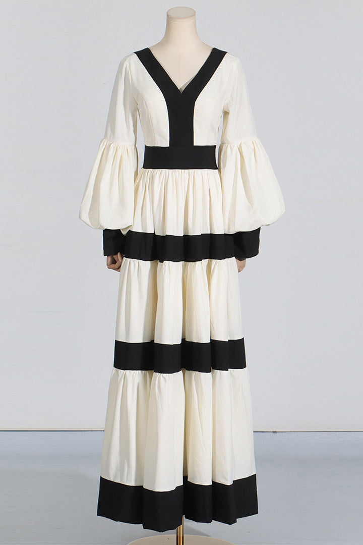 Black White Patchwork Lantern Sleeve Midi Dress