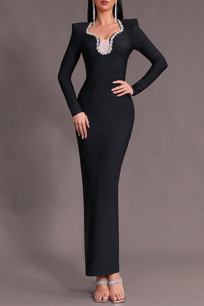 Long Sleeve Diamond Embellished Maxi Dress