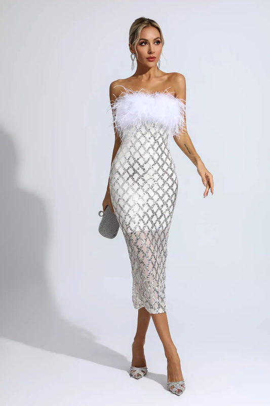 White Feather Sequin Midi Dress