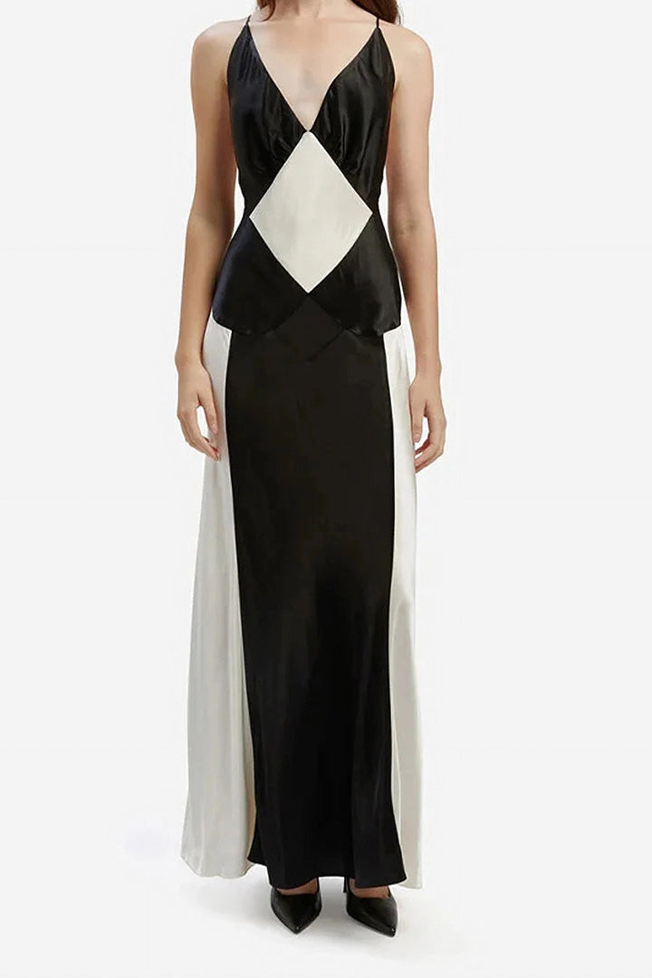 Black White Colorblocked Lattice Halter Long Dress