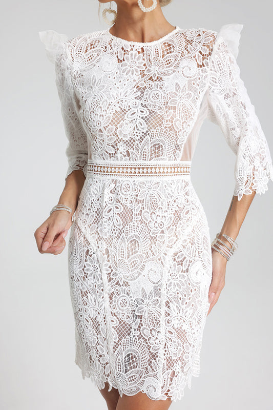 White Round Neck Half Sleeve Lace Dress