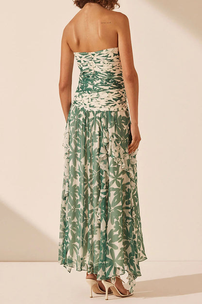 Green Floral Pleated Long Dress