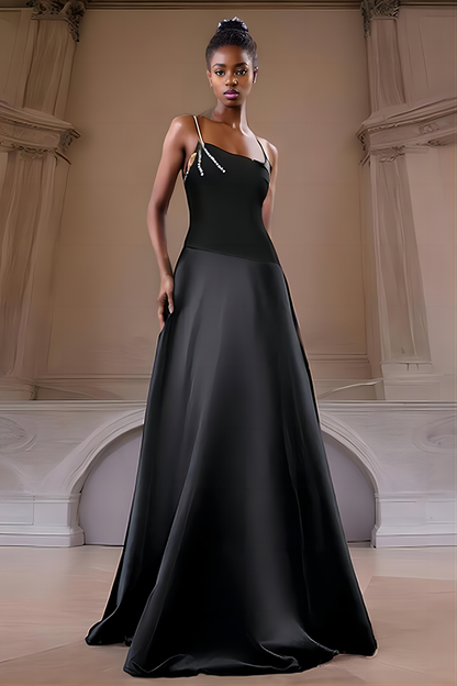 Black One-Shoulder Diamond-Studded Maxi Dress