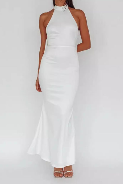 White Satin Backless Bow Long Dress