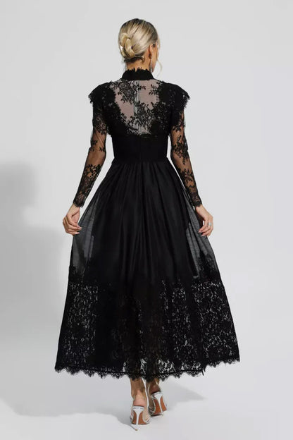 Black Floral Lace Stitching Long Sleeve Dress