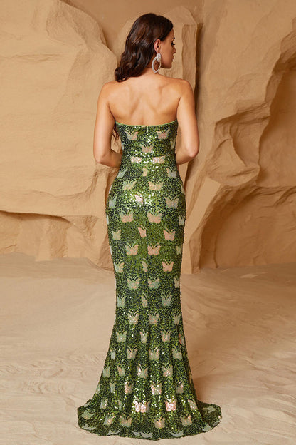 Green Sheath Sequined Fishtail Maxi Dress