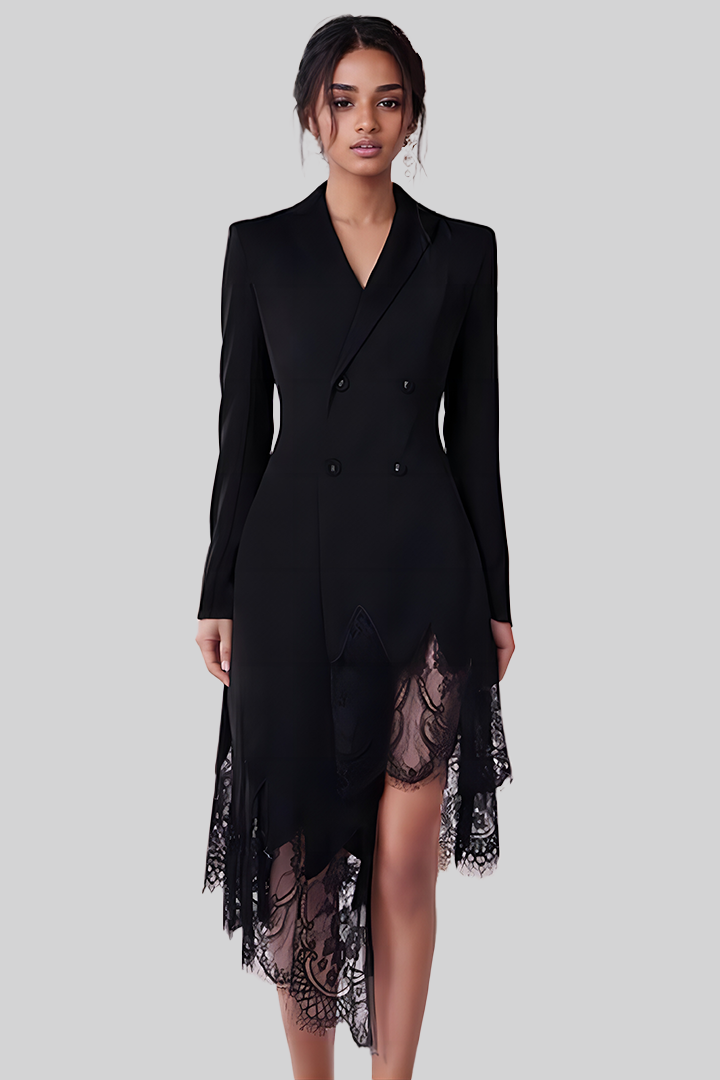 Black Elegant Irregular Lace Hem Patchwork Suit Midi Dress