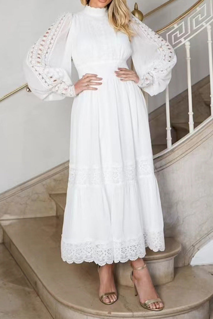 White Collar Lace Lantern Sleeve Long Dress