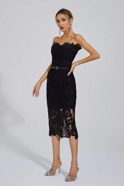 Black Floral Lace Midi Dress