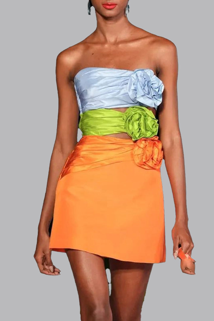 Orange Sheath 3D Floral Colorful Bandage Mini Dress