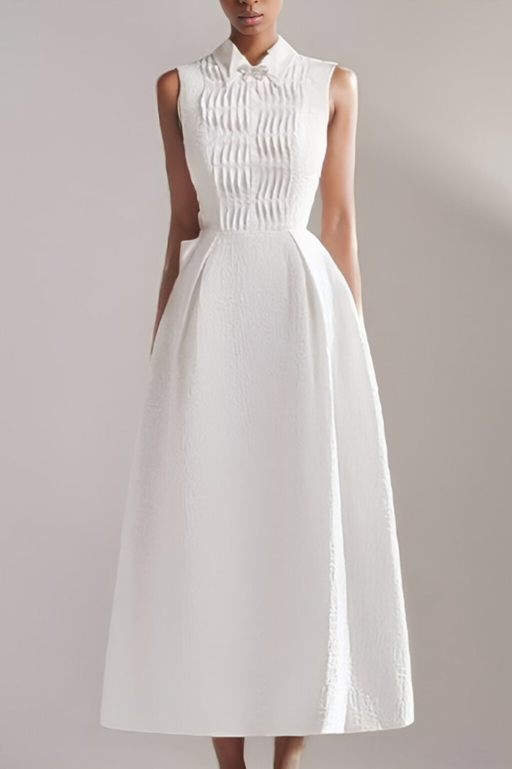 White Sleeveless Pleated Midi Dress