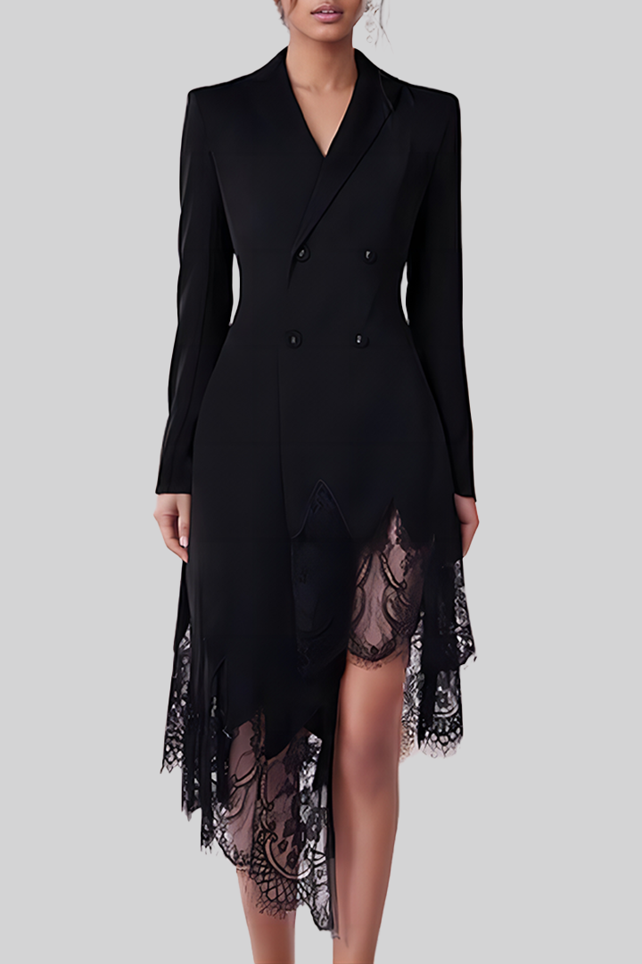 Black Elegant Irregular Lace Hem Patchwork Suit Midi Dress