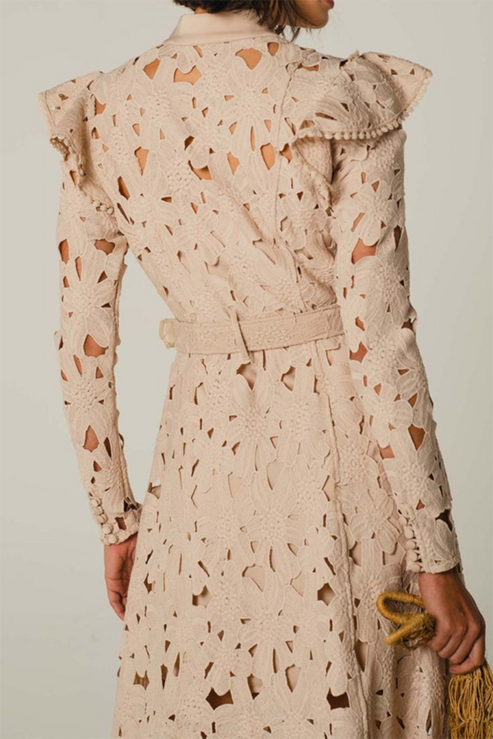 Khaki Embroidered Hollow Out Floral Ruffle Midi Dress