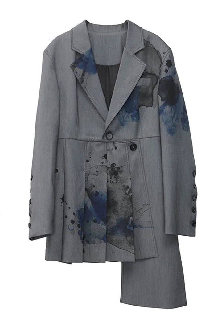 Dark Grey Ink Print Long Sleeve Irregularly Pressed Blazer